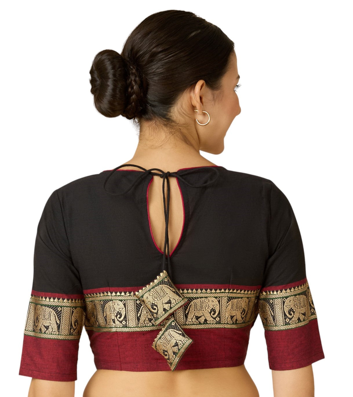 Studio Shringaar Women's Black Handloom Cotton Elephant Temple Border Readymade Saree Blouse (Design 2905)