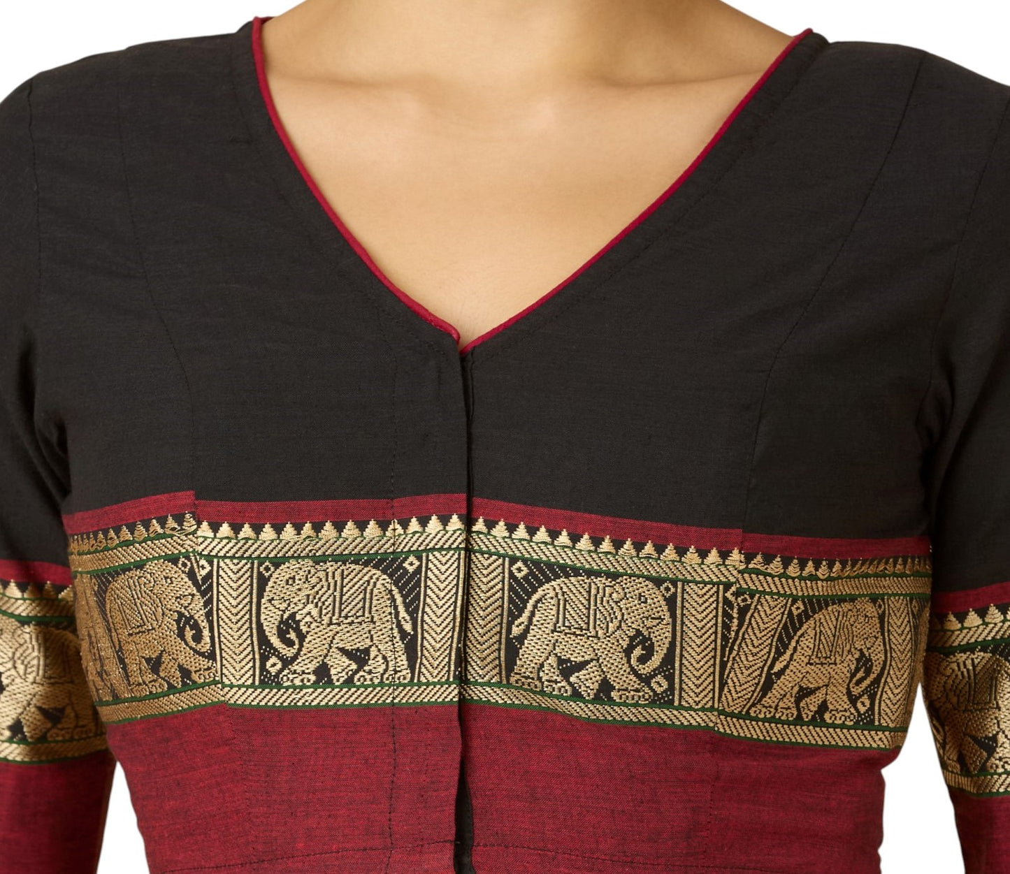 Studio Shringaar Women's Black Handloom Cotton Elephant Temple Border Readymade Saree Blouse (Design 2905)