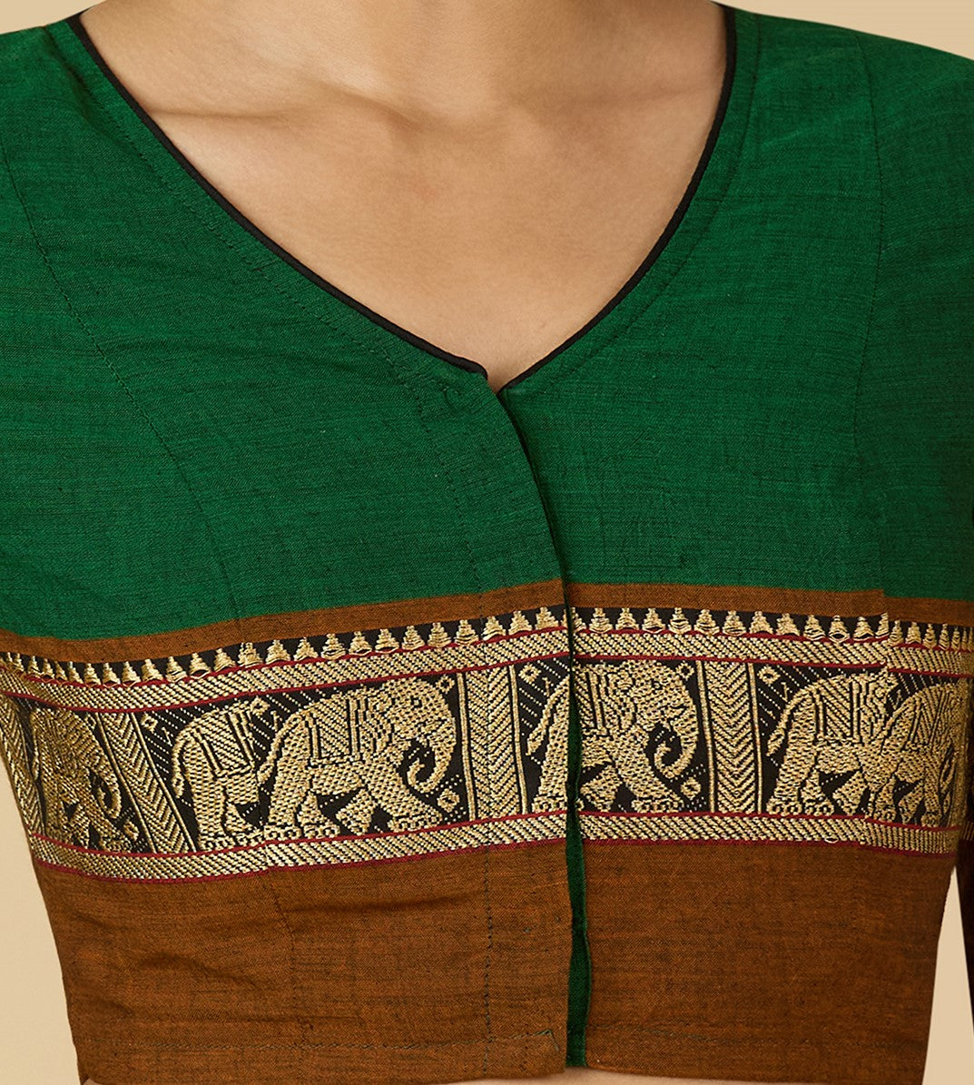 Studio Shringaar Women's Green Handloom Cotton Elephant Temple Border Readymade Saree Blouse (Design 2905)