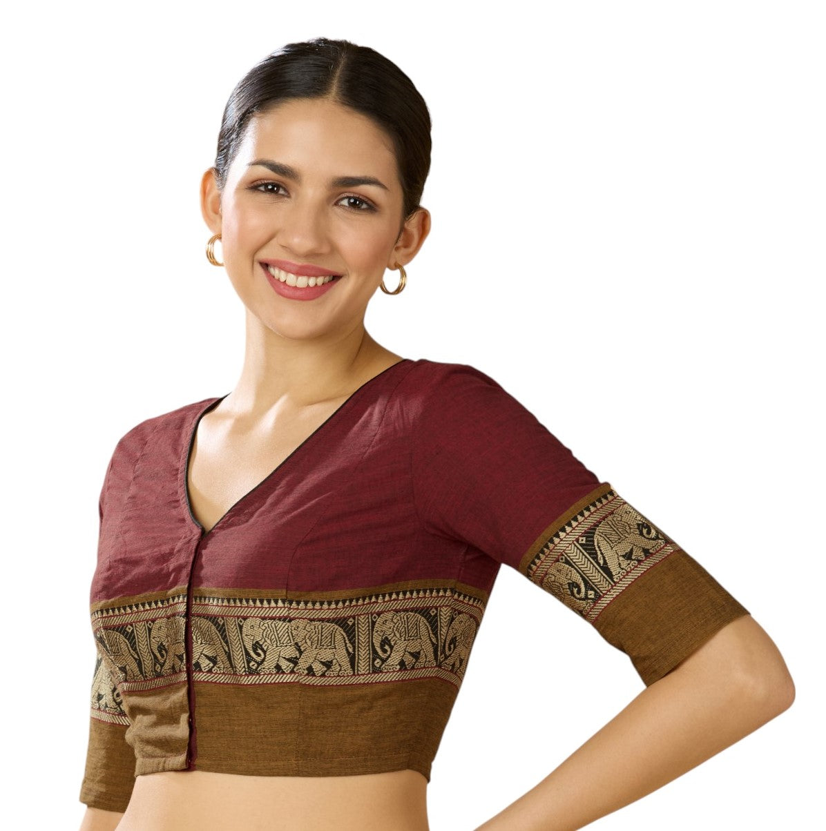Studio Shringaar Women's Maroon Handloom Cotton Elephant Temple Border Readymade Saree Blouse (Design 2905)