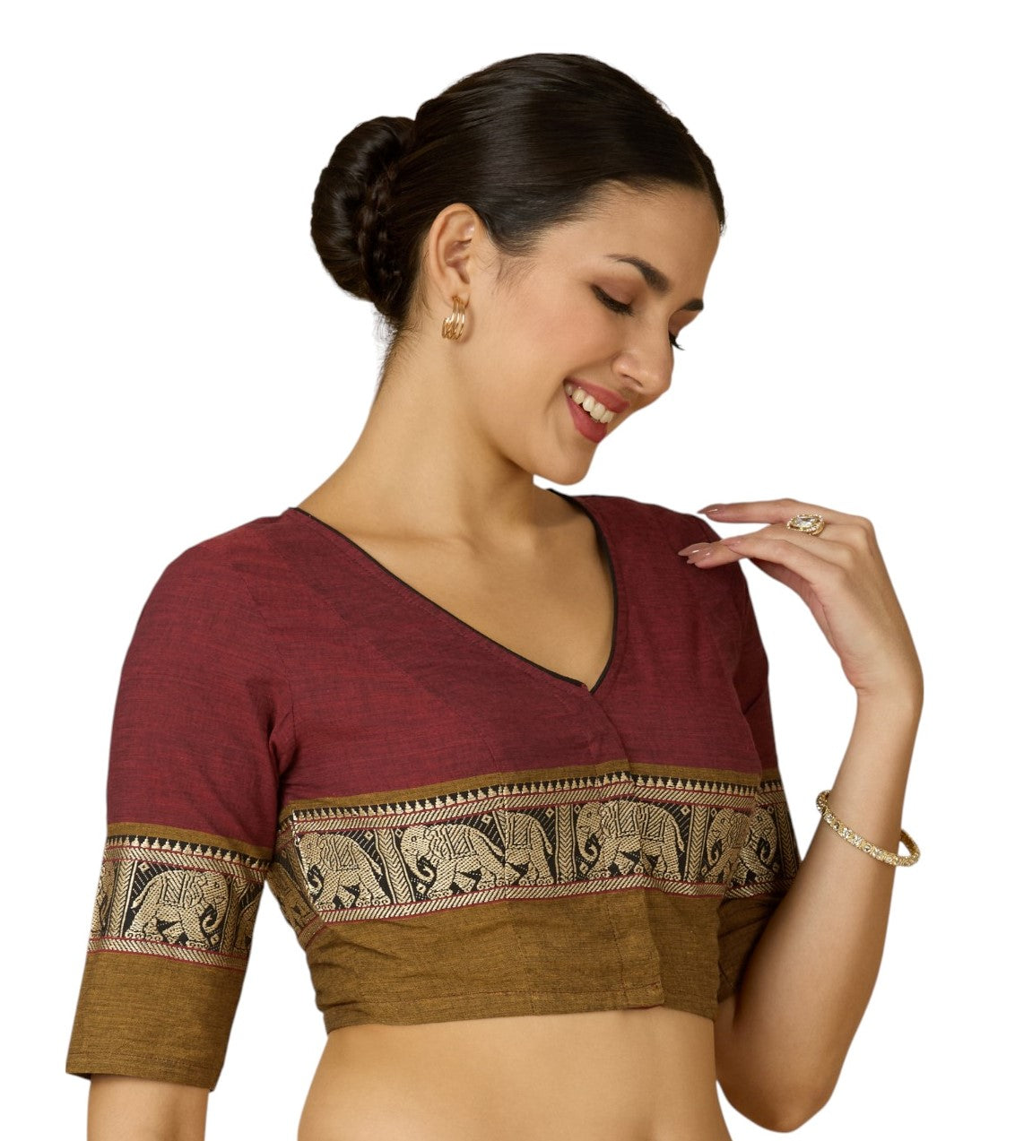 Studio Shringaar Women's Maroon Handloom Cotton Elephant Temple Border Readymade Saree Blouse (Design 2905)