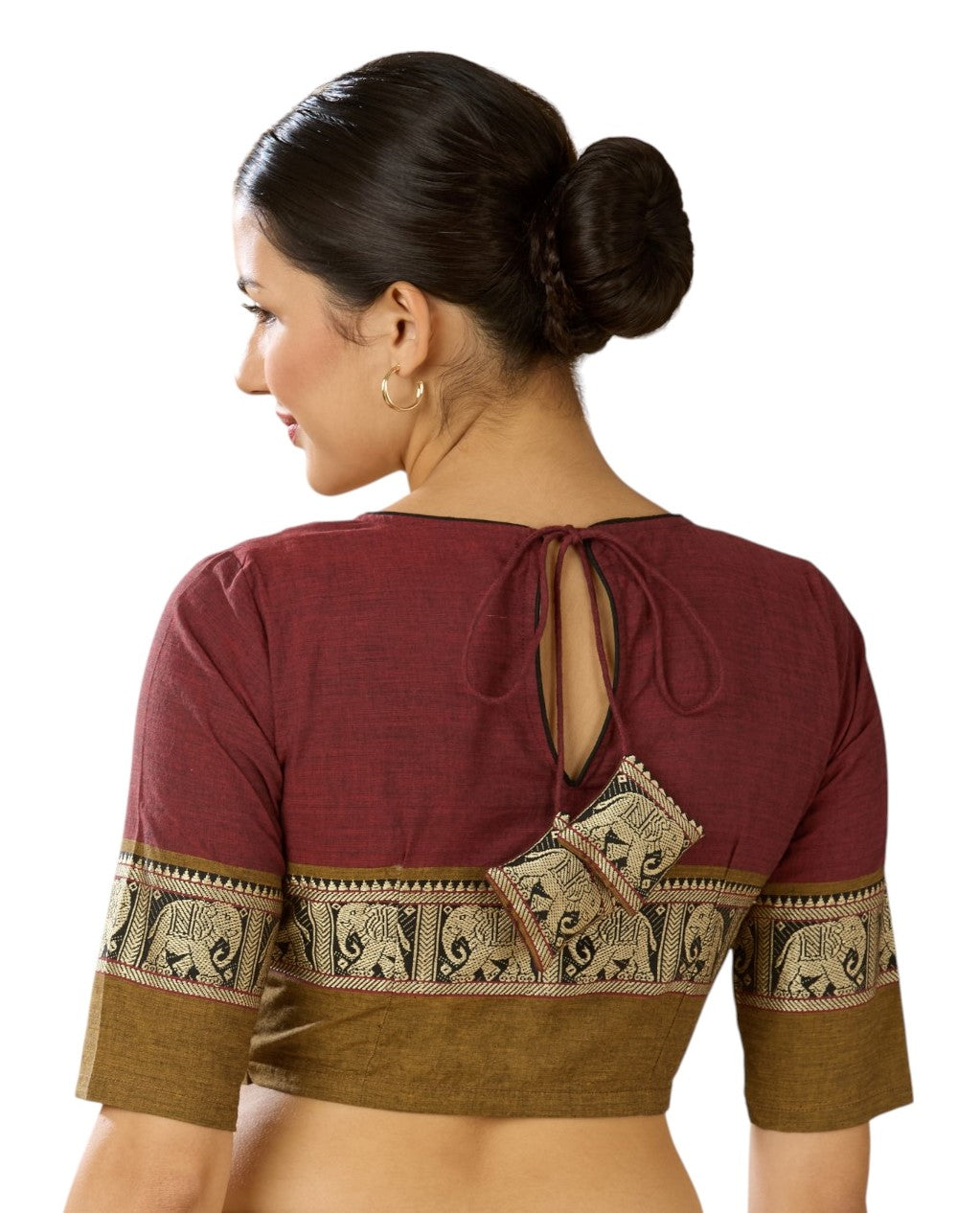 Studio Shringaar Women's Maroon Handloom Cotton Elephant Temple Border Readymade Saree Blouse (Design 2905)