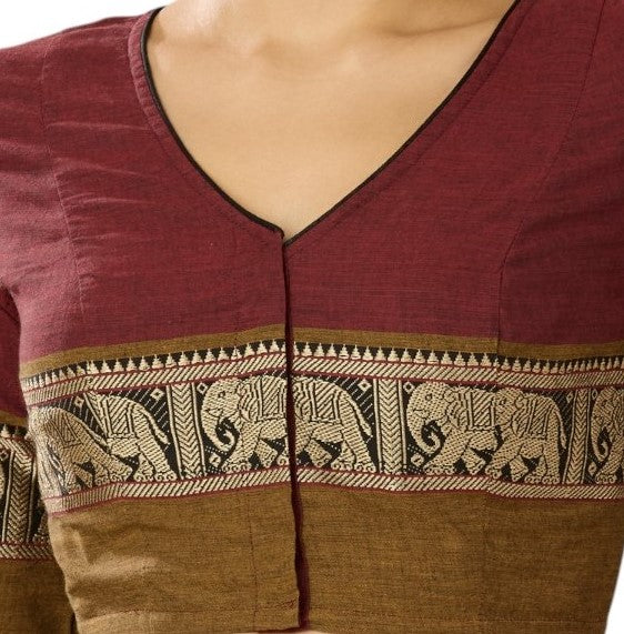 Studio Shringaar Women's Maroon Handloom Cotton Elephant Temple Border Readymade Saree Blouse (Design 2905)