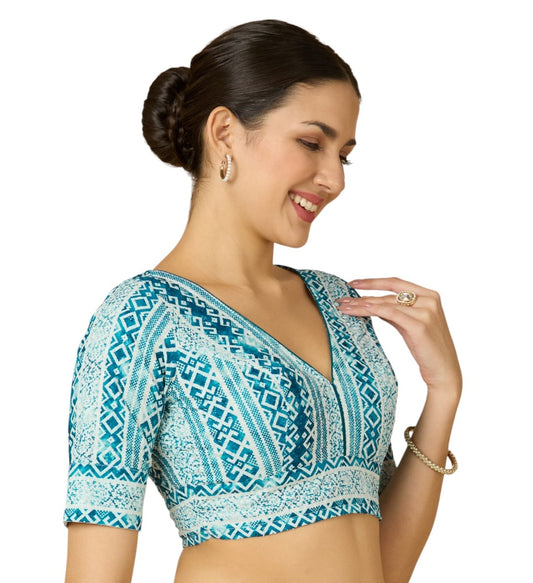 Women's Blue Heavy Cotton Chikan Printed Readymade Saree Blouse (Design 2906)