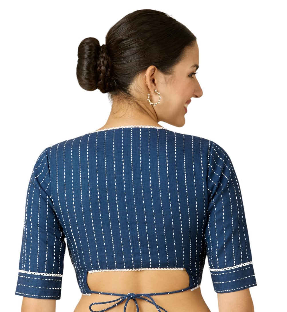 Studio Shringaar Women's Blue Cotton Handloom V-Neck Readymade Saree Blouse with Off White Stripes (Design 2907)
