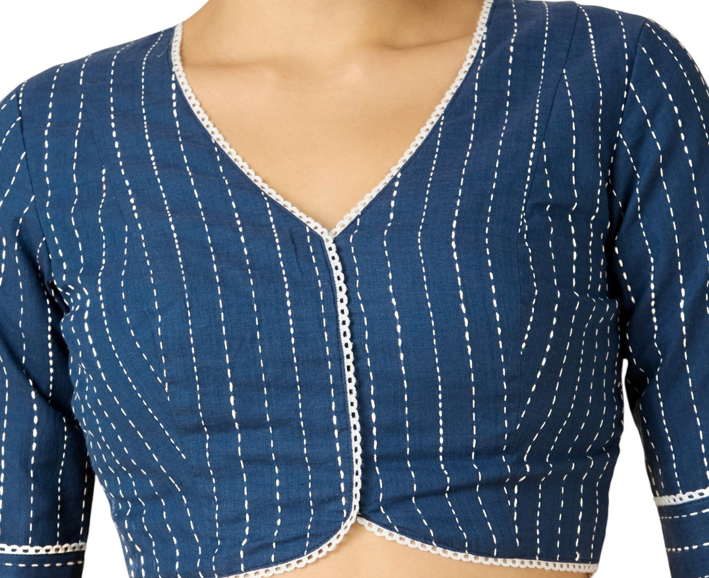 Studio Shringaar Women's Blue Cotton Handloom V-Neck Readymade Saree Blouse with Off White Stripes (Design 2907)