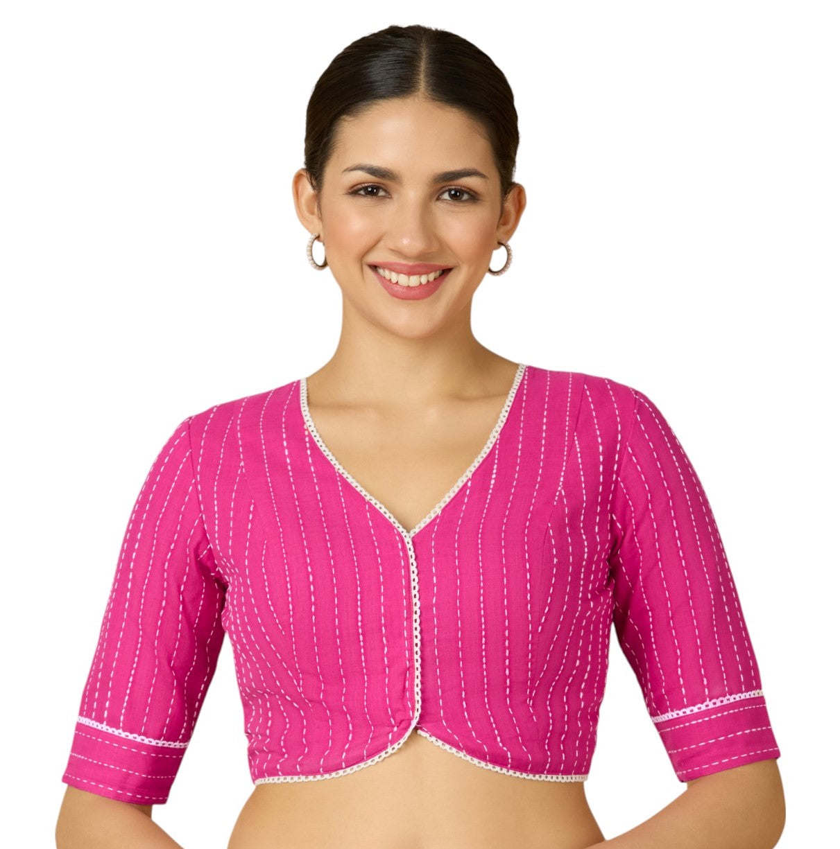 Studio Shringaar Women's Pink Cotton Handloom V-Neck Readymade Saree Blouse with Off White Stripes (Design 2907)