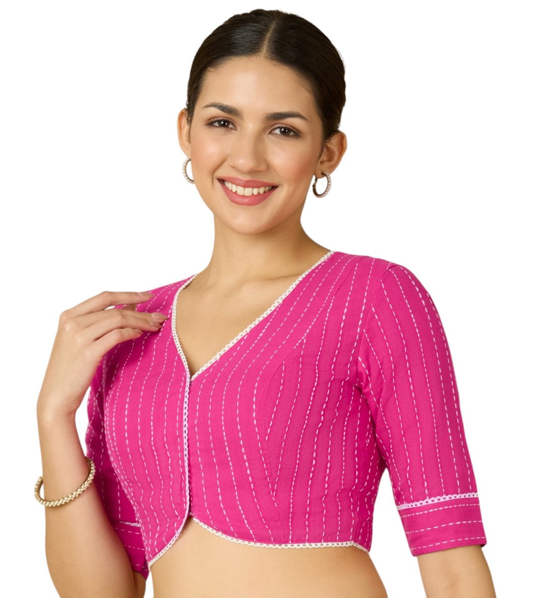 Studio Shringaar Women's Pink Cotton Handloom V-Neck Readymade Saree Blouse with Off White Stripes (Design 2907)