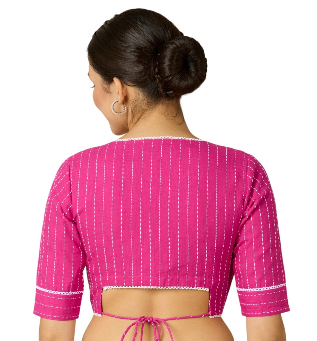 Studio Shringaar Women's Pink Cotton Handloom V-Neck Readymade Saree Blouse with Off White Stripes (Design 2907)