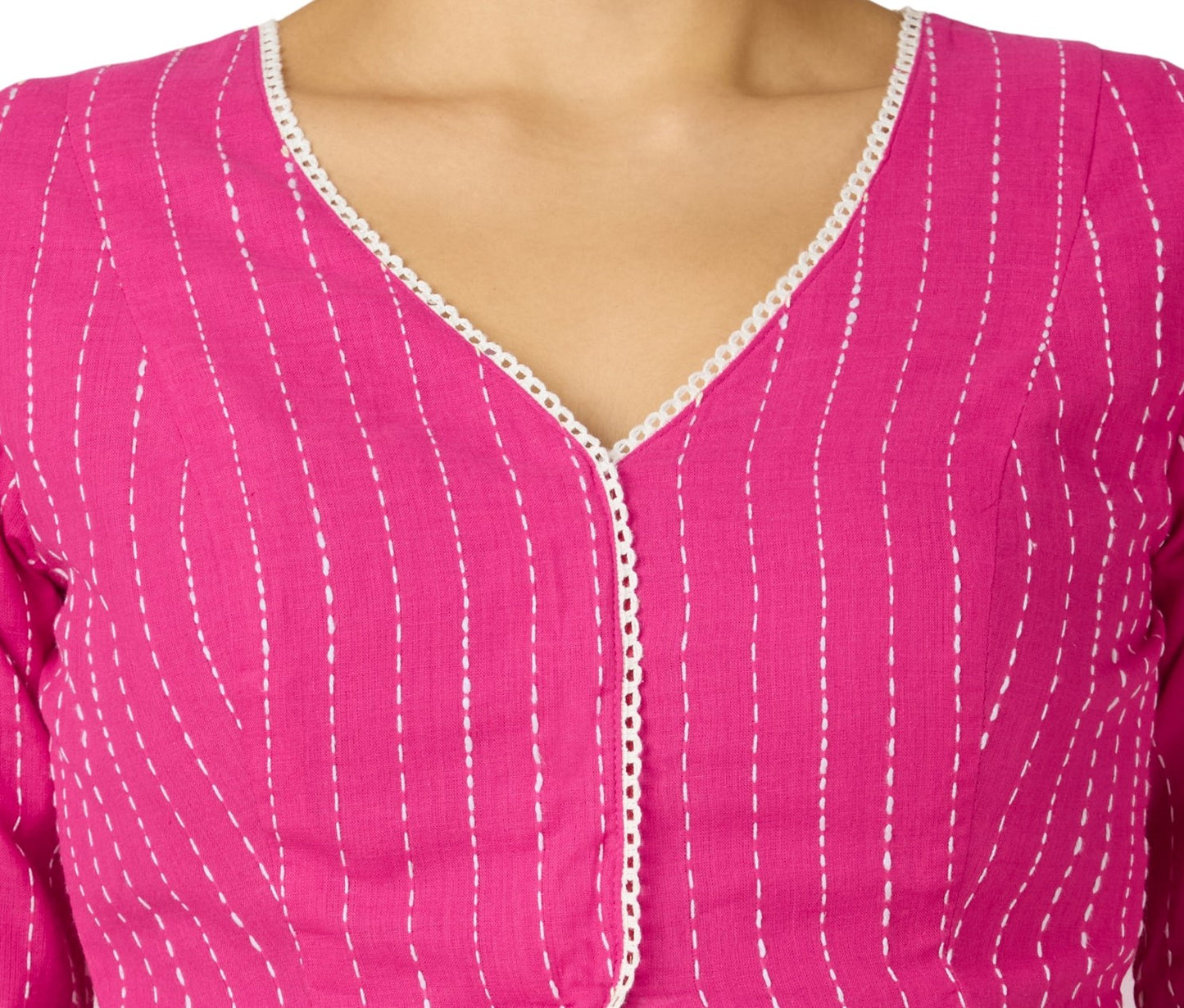 Studio Shringaar Women's Pink Cotton Handloom V-Neck Readymade Saree Blouse with Off White Stripes (Design 2907)