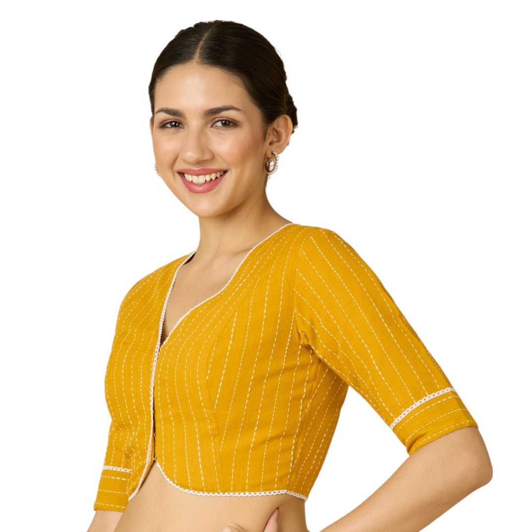 Studio Shringaar Women's Yellow Cotton Handloom V-Neck Readymade Saree Blouse with Off White Stripes (Design 2907)