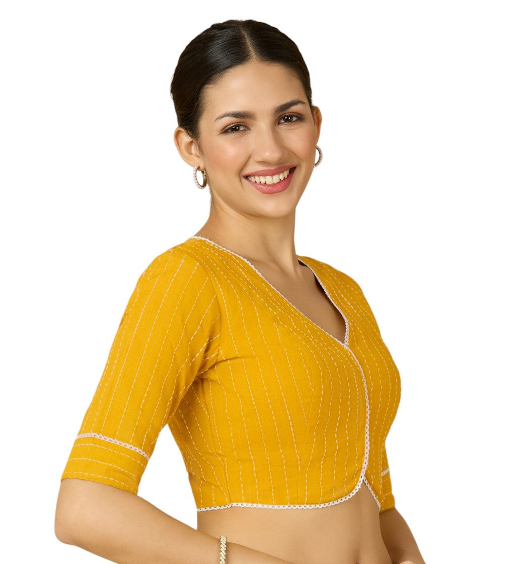 Studio Shringaar Women's Yellow Cotton Handloom V-Neck Readymade Saree Blouse with Off White Stripes (Design 2907)