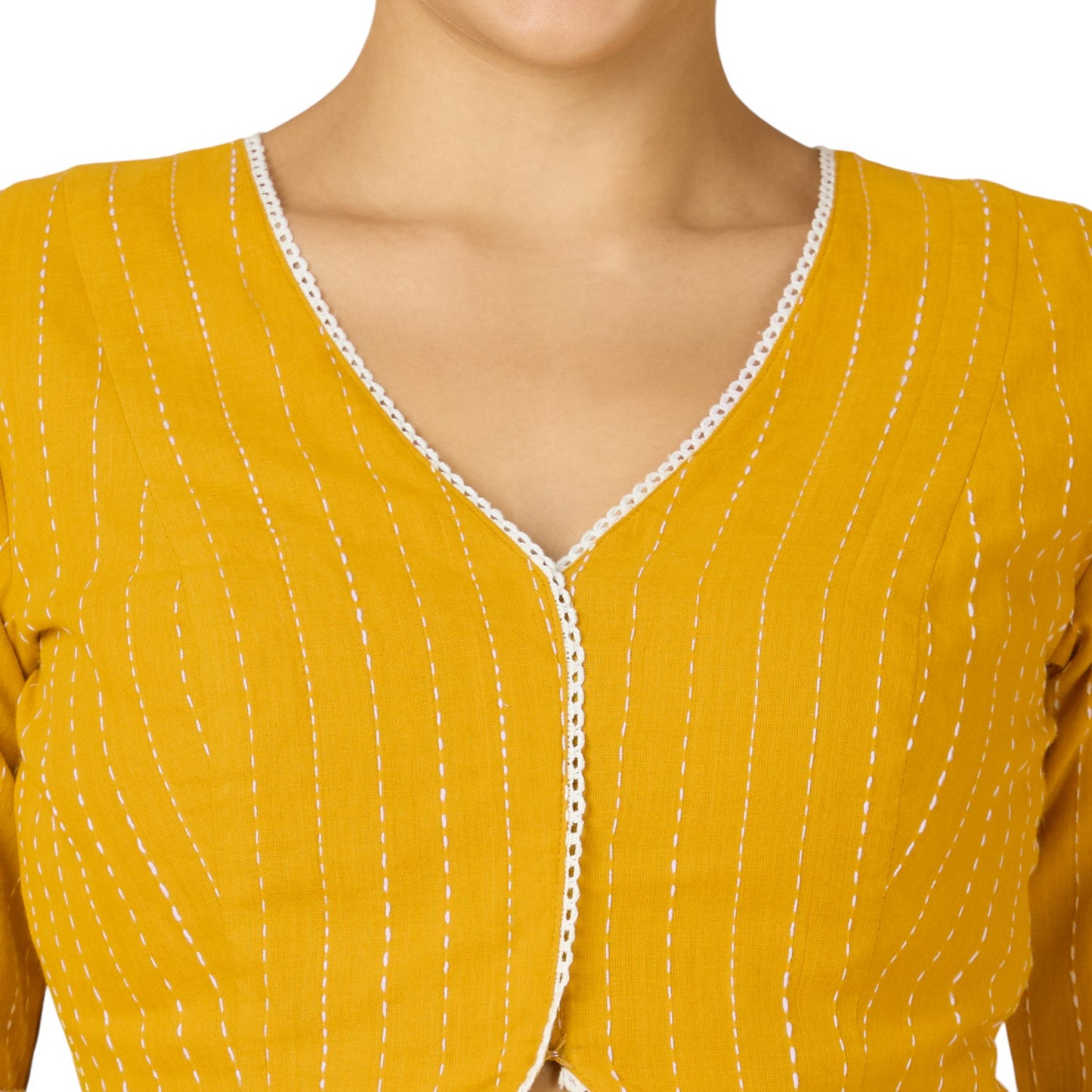 Studio Shringaar Women's Yellow Cotton Handloom V-Neck Readymade Saree Blouse with Off White Stripes (Design 2907)