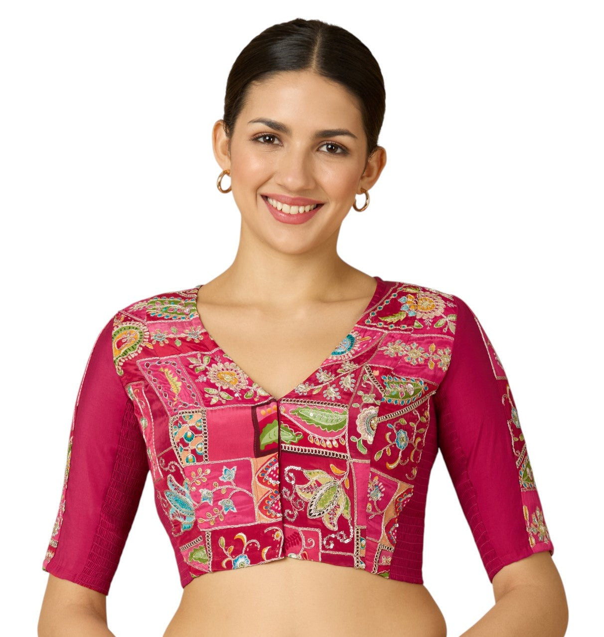 Studio Shringaar Women's Pink Pure Viscose Crepe Embroidered Stretchable (Smocked) Saree Blouse (Design 2908)