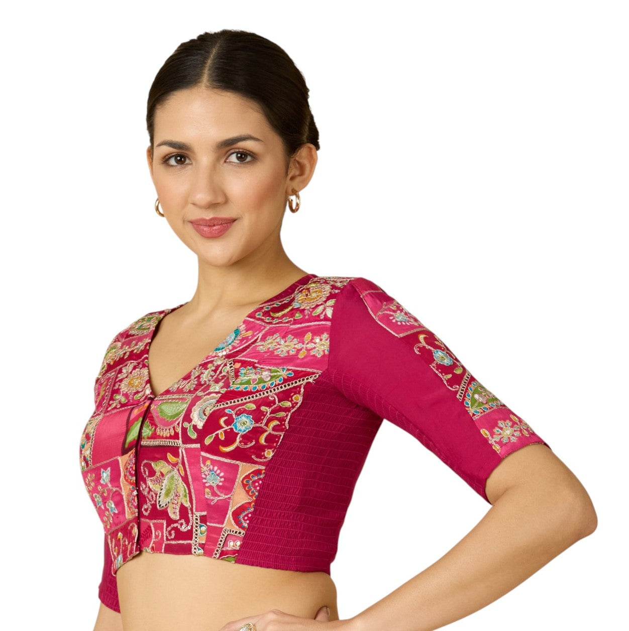 Studio Shringaar Women's Pink Pure Viscose Crepe Embroidered Stretchable (Smocked) Saree Blouse (Design 2908)
