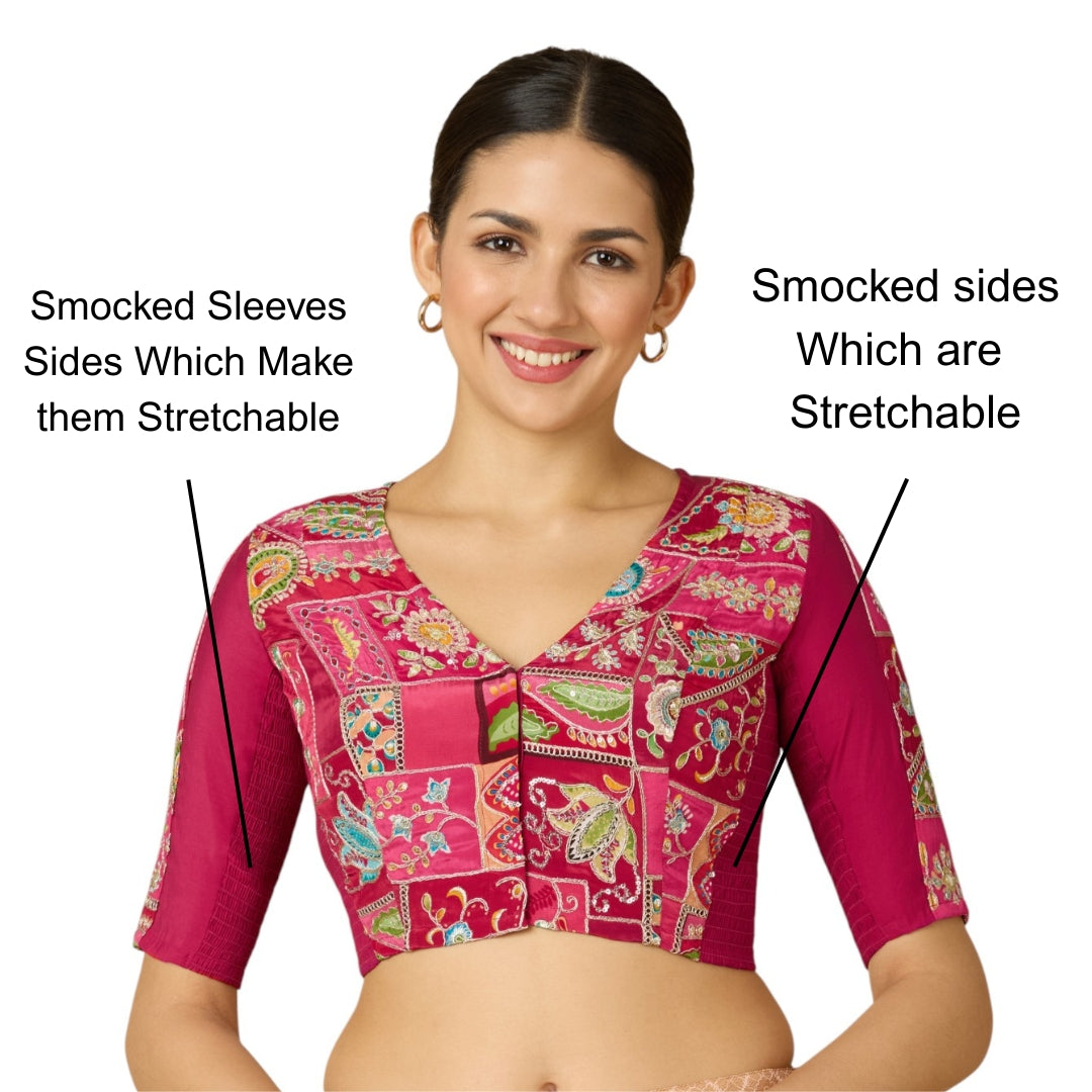 Studio Shringaar Women's Pink Pure Viscose Crepe Embroidered Stretchable (Smocked) Saree Blouse (Design 2908)