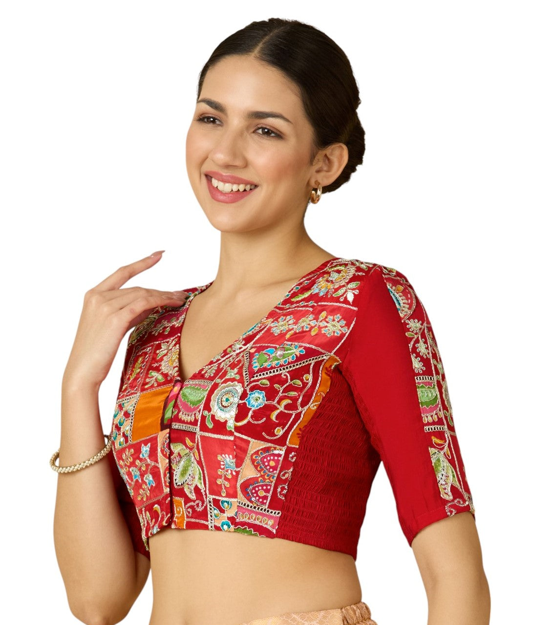 Studio Shringaar Women's Red Pure Viscose Crepe Embroidered Stretchable (Smocked) Saree Blouse (Design 2908)