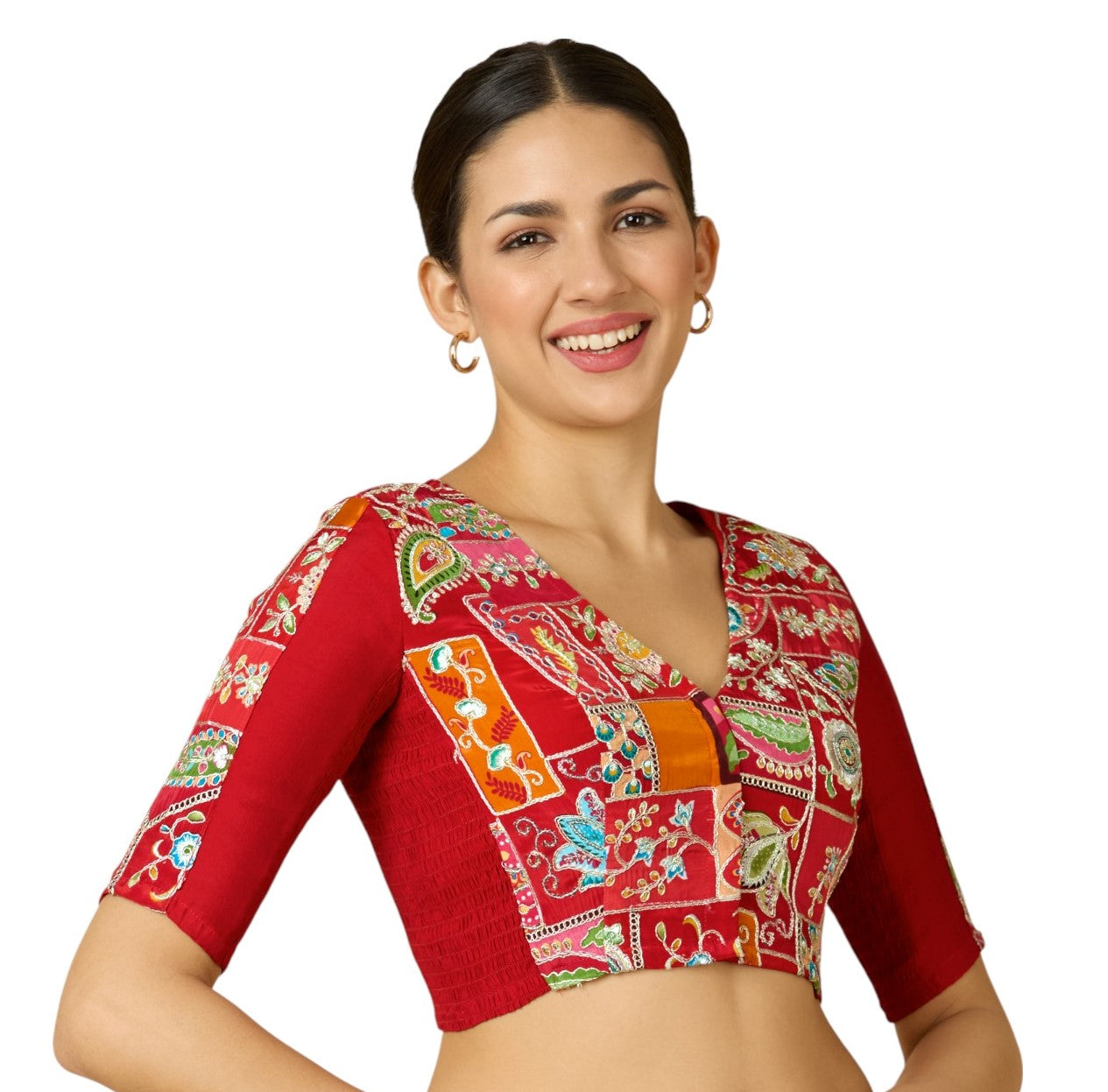 Studio Shringaar Women's Red Pure Viscose Crepe Embroidered Stretchable (Smocked) Saree Blouse (Design 2908)