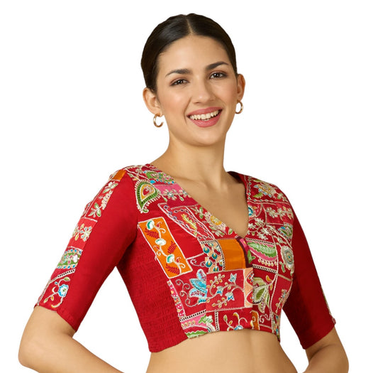 Studio Shringaar Women's Red Pure Viscose Crepe Embroidered Stretchable (Smocked) Saree Blouse (Design 2908)