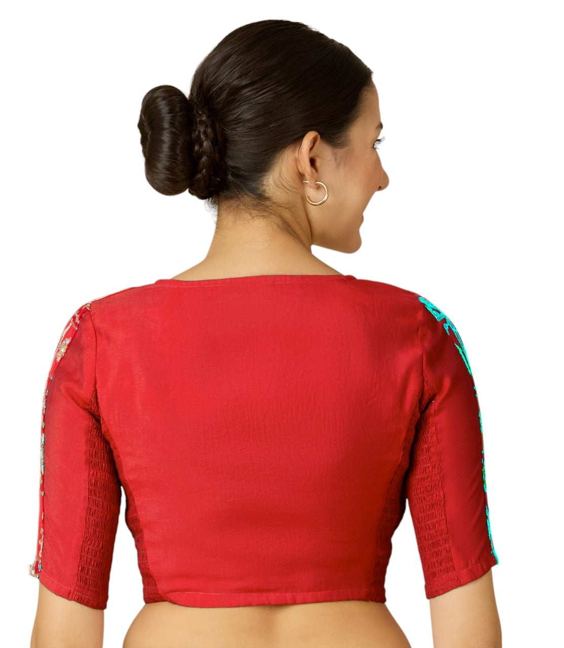 Studio Shringaar Women's Red Pure Viscose Crepe Embroidered Stretchable (Smocked) Saree Blouse (Design 2908)