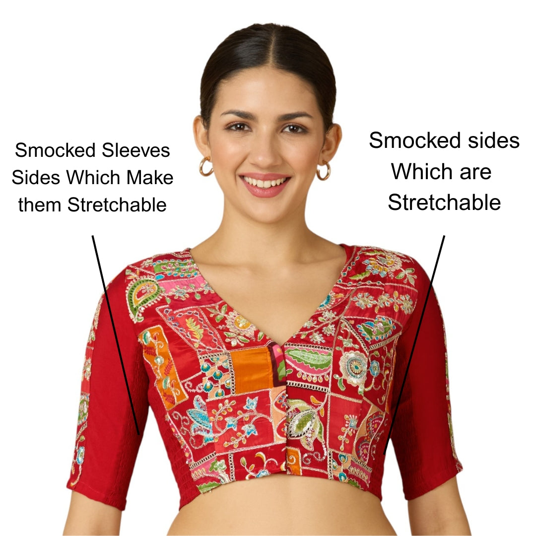Studio Shringaar Women's Red Pure Viscose Crepe Embroidered Stretchable (Smocked) Saree Blouse (Design 2908)