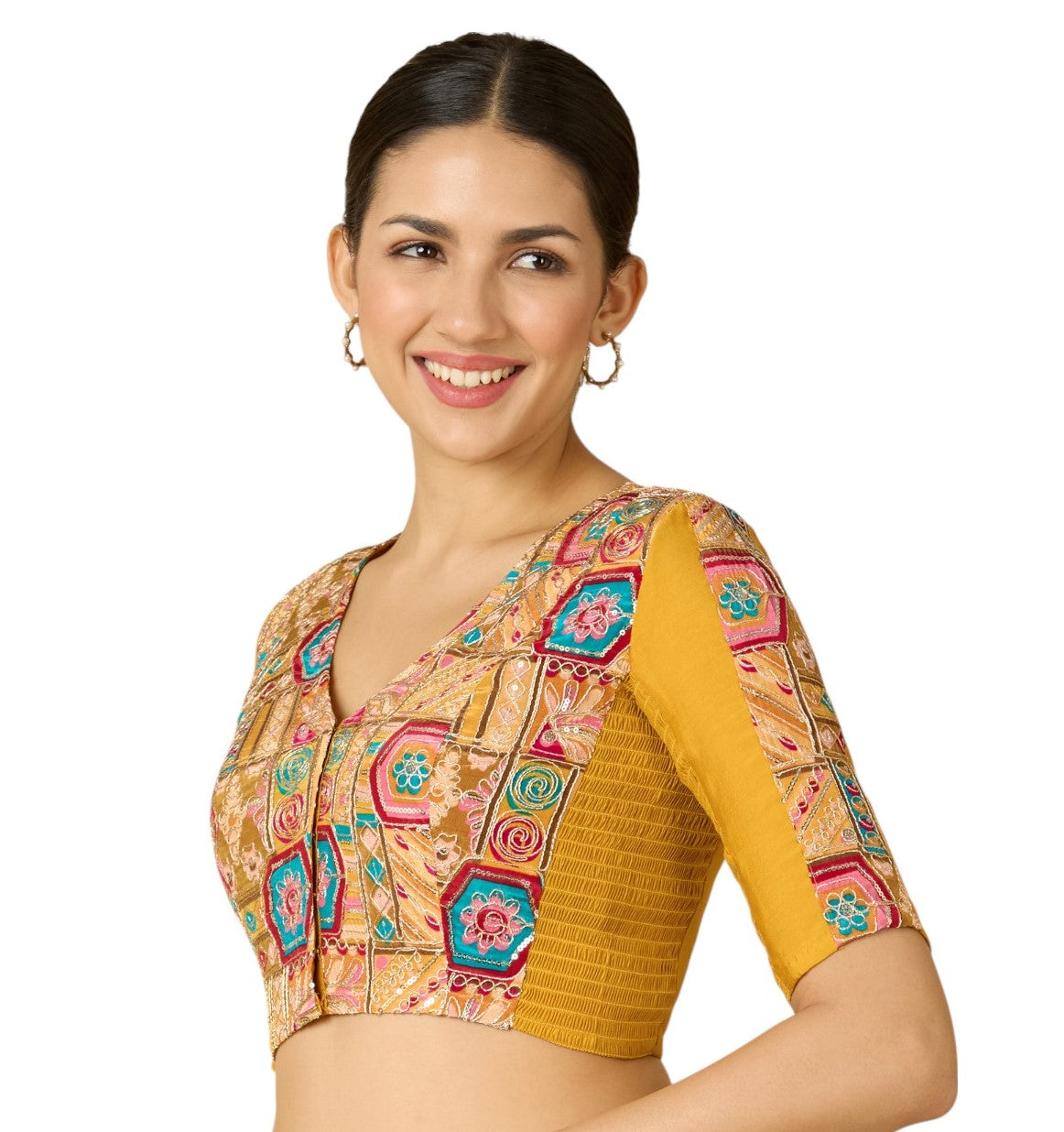 Studio Shringaar Women's Yellow Pure Viscose Crepe Embroidered Stretchable (Smocked) Saree Blouse (Design 2908)