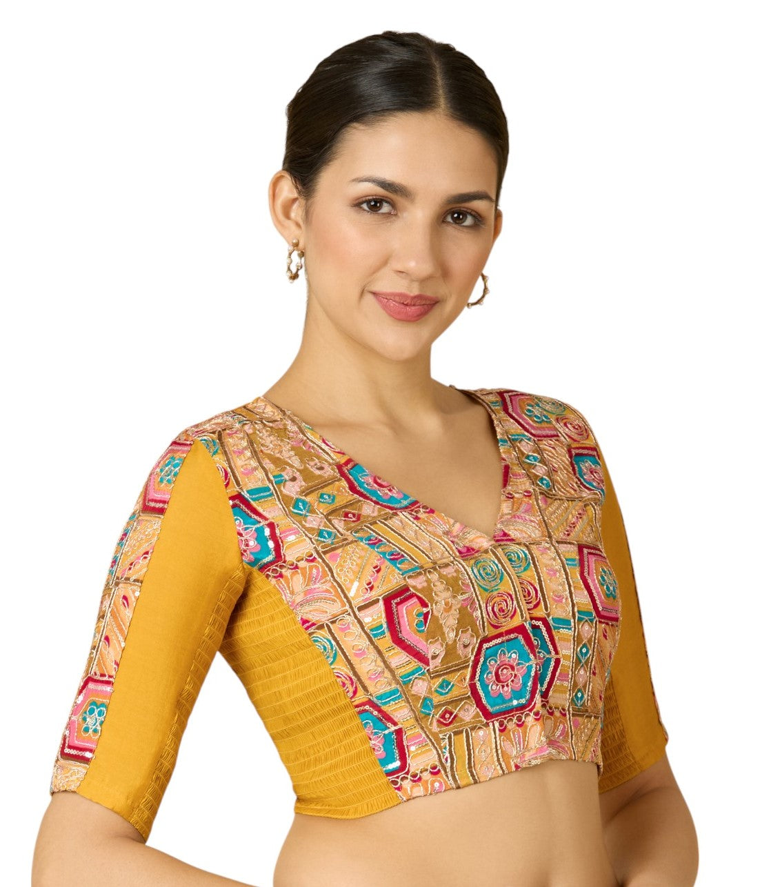 Studio Shringaar Women's Yellow Pure Viscose Crepe Embroidered Stretchable (Smocked) Saree Blouse (Design 2908)