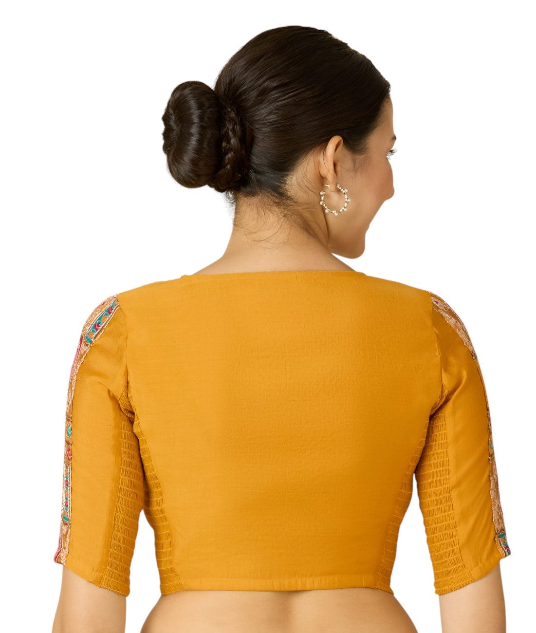 Studio Shringaar Women's Yellow Pure Viscose Crepe Embroidered Stretchable (Smocked) Saree Blouse (Design 2908)