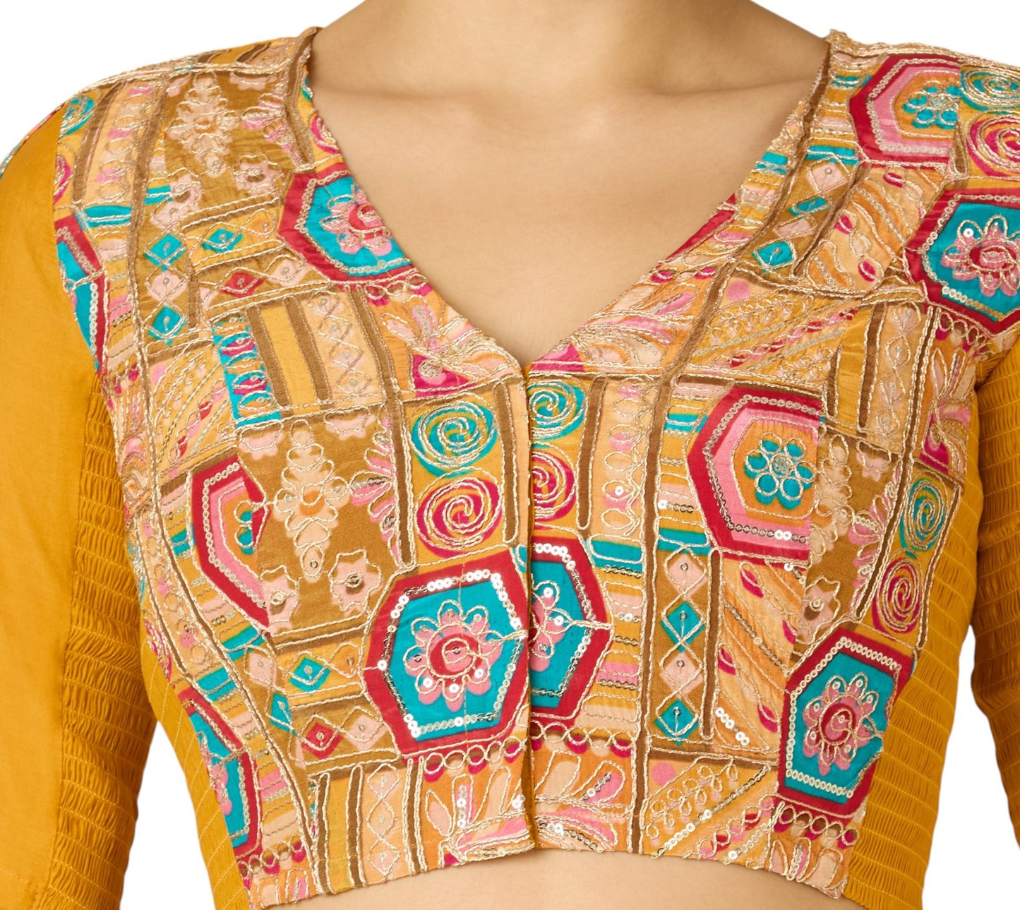 Studio Shringaar Women's Yellow Pure Viscose Crepe Embroidered Stretchable (Smocked) Saree Blouse (Design 2908)