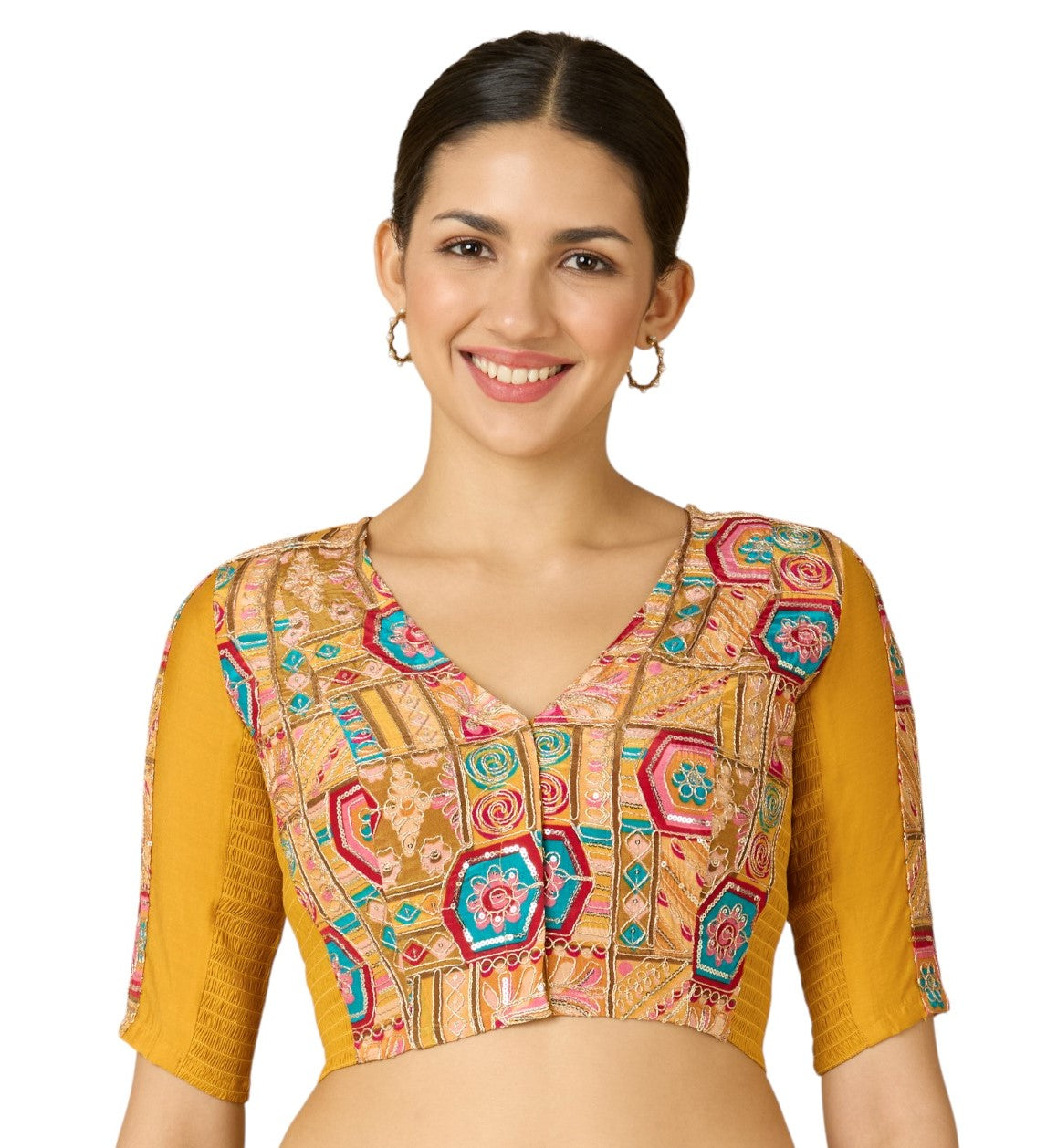Studio Shringaar Women's Yellow Pure Viscose Crepe Embroidered Stretchable (Smocked) Saree Blouse (Design 2908)