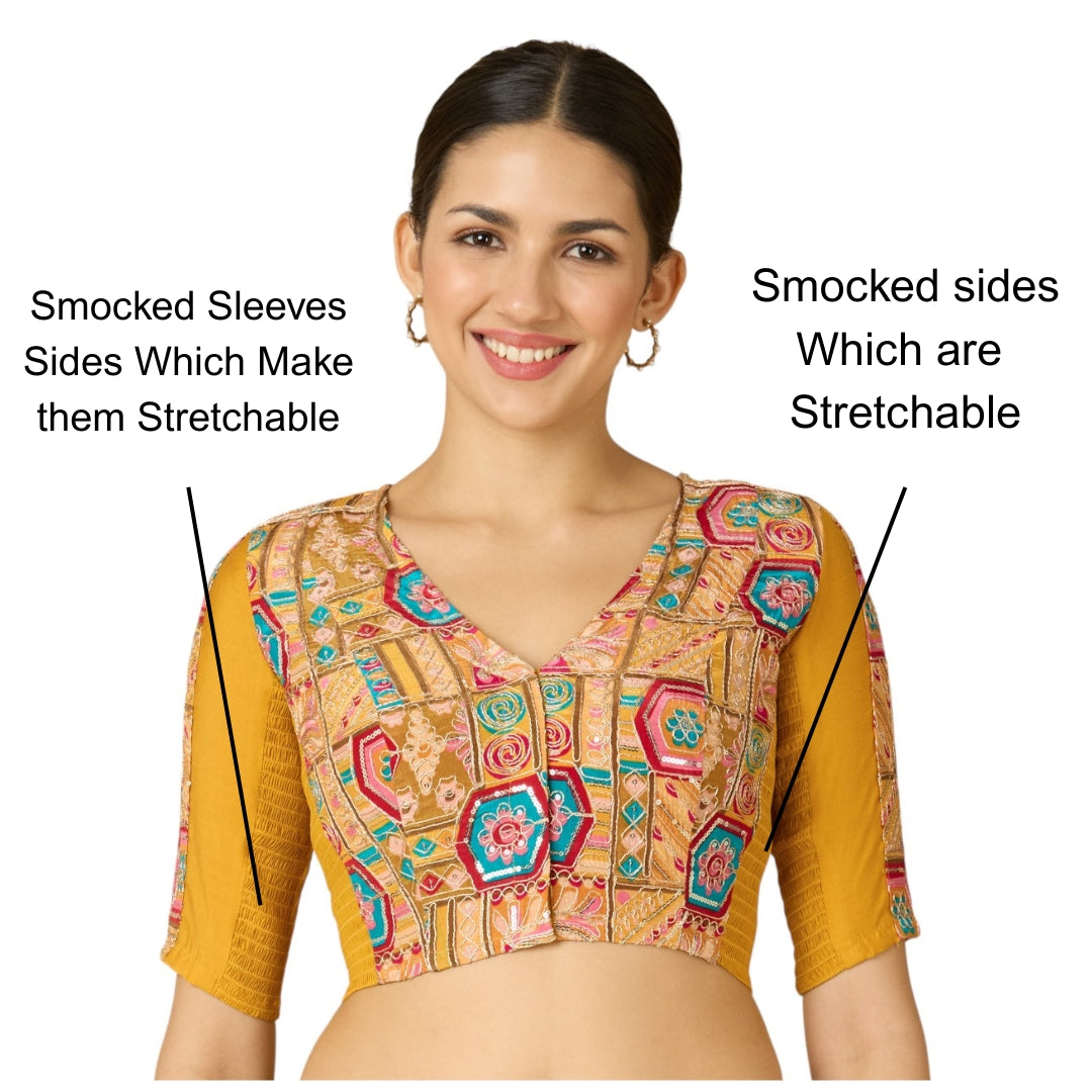 Studio Shringaar Women's Yellow Pure Viscose Crepe Embroidered Stretchable (Smocked) Saree Blouse (Design 2908)
