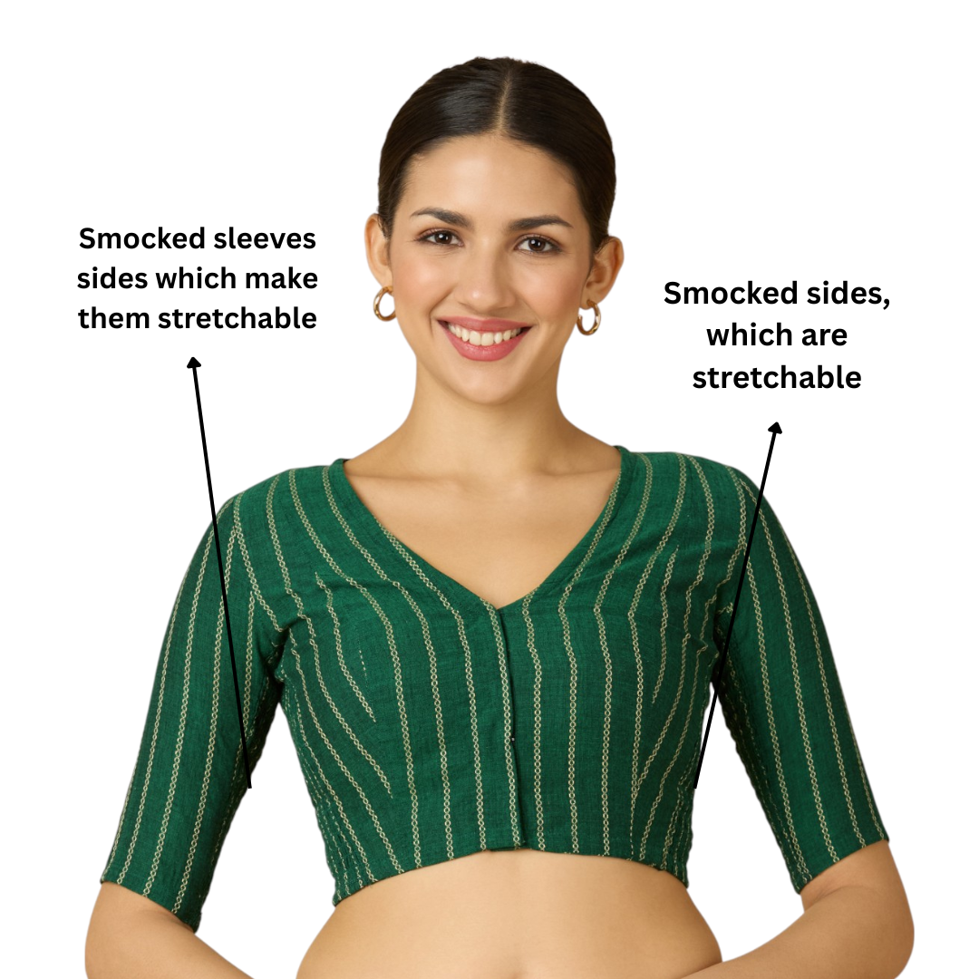 Studio Shringaar Women's Green Handloom Cotton Side Stretchable (Smocked) Readymade Saree Blouse (Design 2909)