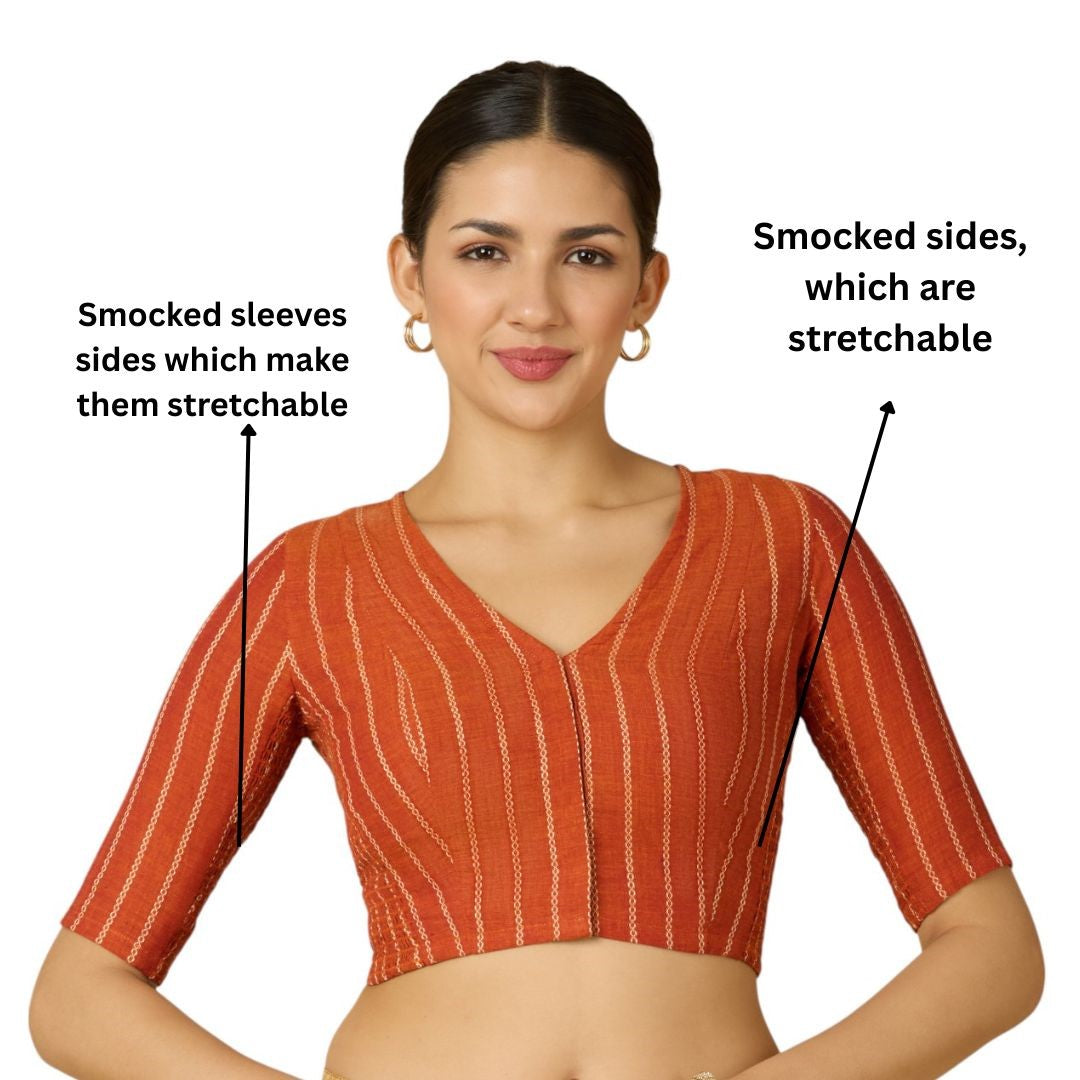Studio Shringaar Women's Orange Handloom Cotton Side Stretchable (Smocked) Readymade Saree Blouse (Design 2909)
