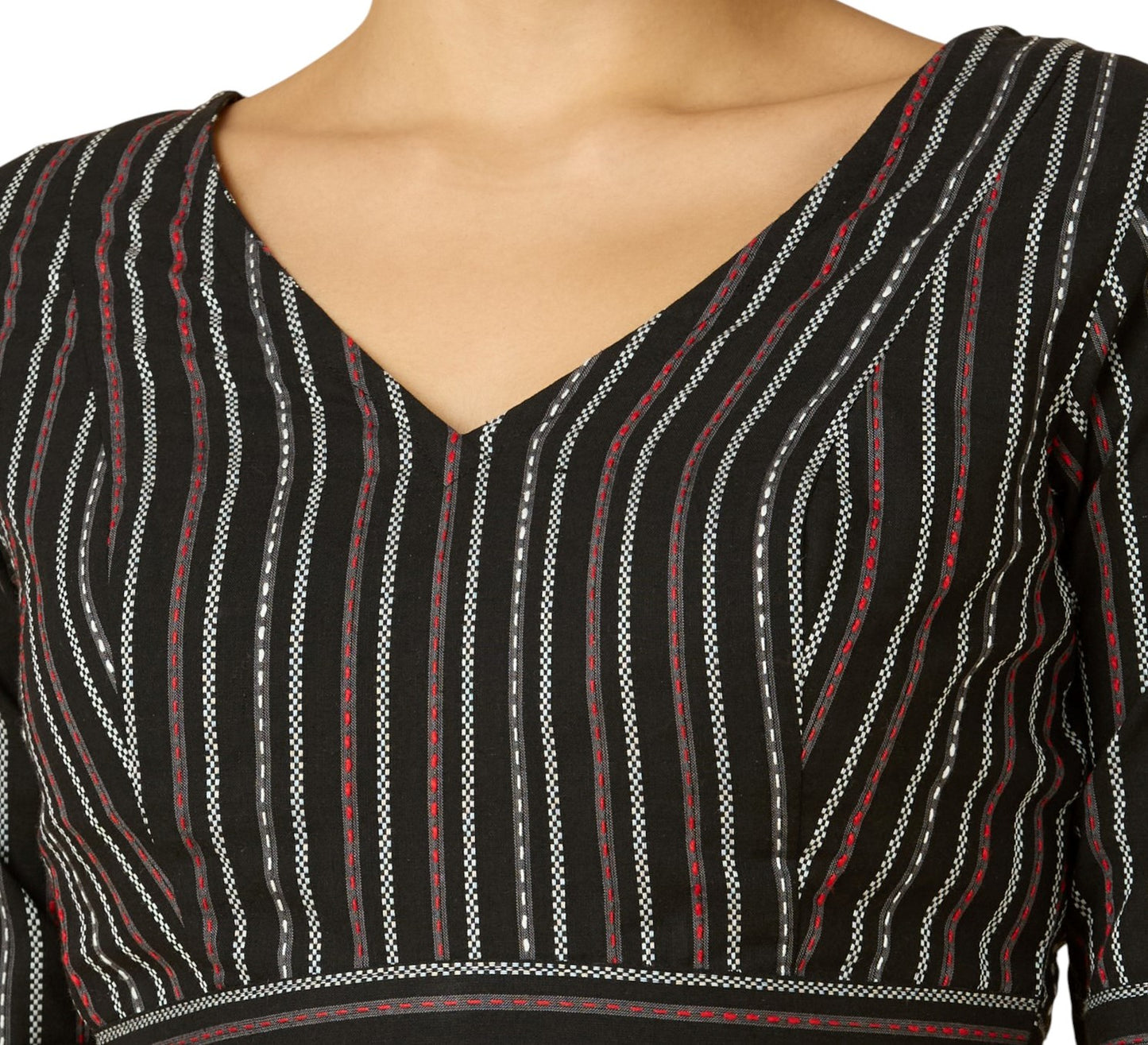 Women's Black Handloom Cotton Striped Readymade Saree Blouse (Design 2910)