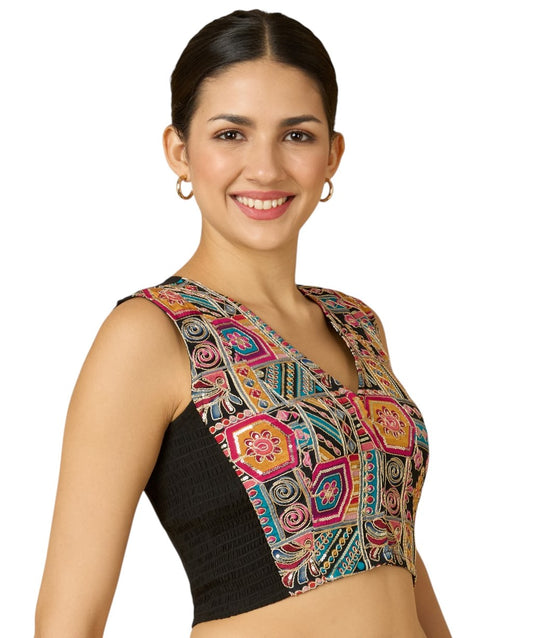 Women's Black Viscose Crepe Print & Embroidered Stretchable (Smocked) Sleeveless Saree Blouse (Design 2911)