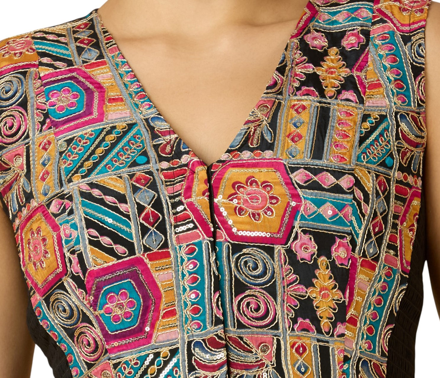 Women's Black Viscose Crepe Print & Embroidered Stretchable (Smocked) Sleeveless Saree Blouse (Design 2911)