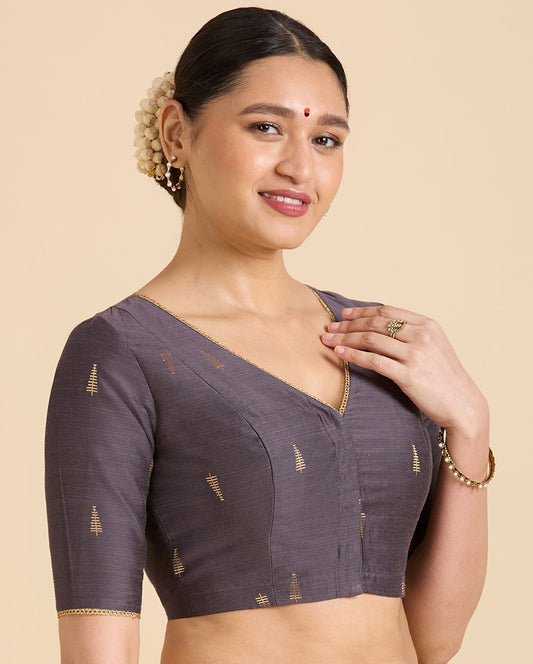 Studio Shringaar Women's Grey Handloom Cotton Silk Readymade Saree Blouse (Design 2912)