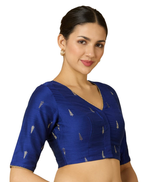 Studio Shringaar Women's Navy Blue Handloom Cotton Silk Readymade Saree Blouse (Design 2912)