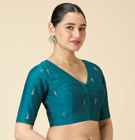 Studio Shringaar Women's Rama Green Handloom Cotton Silk Readymade Saree Blouse (Design 2912)