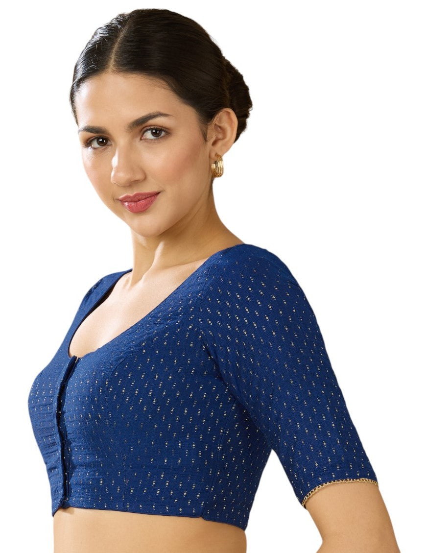 Studio Shringaar Women's Ink Blue Handloom Cotton Silk Readymade Saree Blouse (Design 2916)