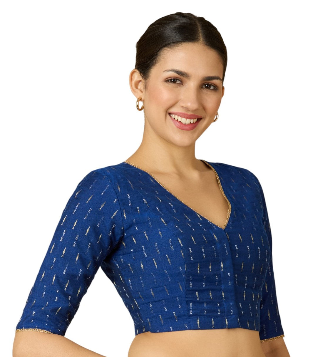 Studio Shringaar Women's Royal Blue Handloom Cotton Silk Saree Blouse with Golden & Silver Motifs (Design 2919)