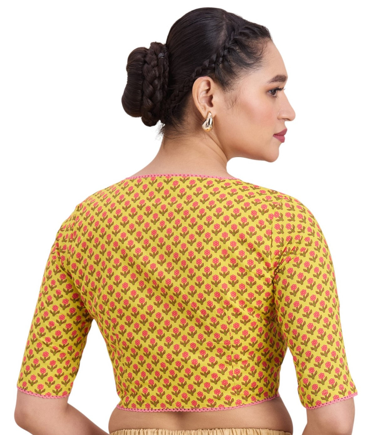 Women's Yellow Pure Cotton Block Printed Readymade Saree Blouse (Design 2922)