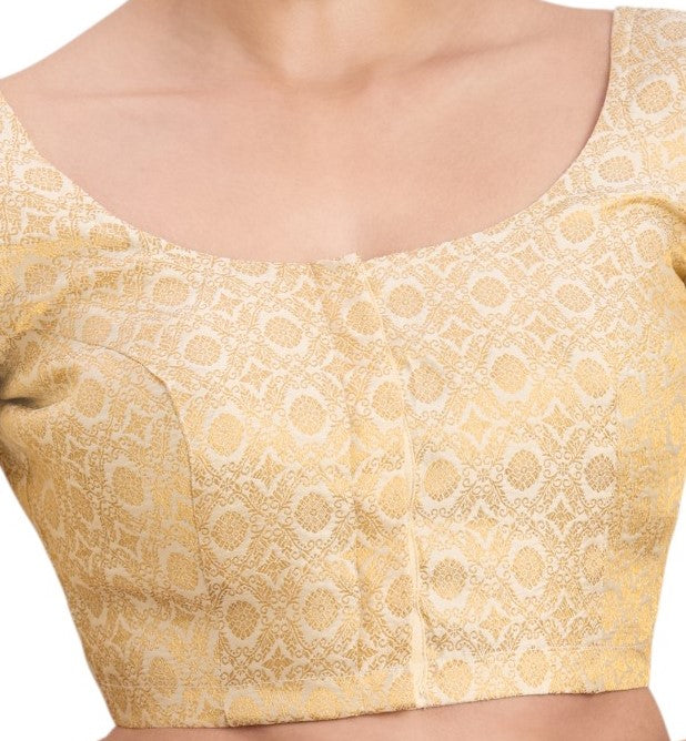 Women's Cream Benaras Brocade Round Neck Readymade Saree Blouse (Design 2924)