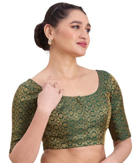 Women's Bottle Green Benaras Brocade Round Neck Readymade Saree Blouse (Design 2924)