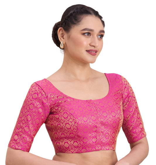 Women's Pink Benaras Brocade Round Neck Readymade Saree Blouse (Design 2924)