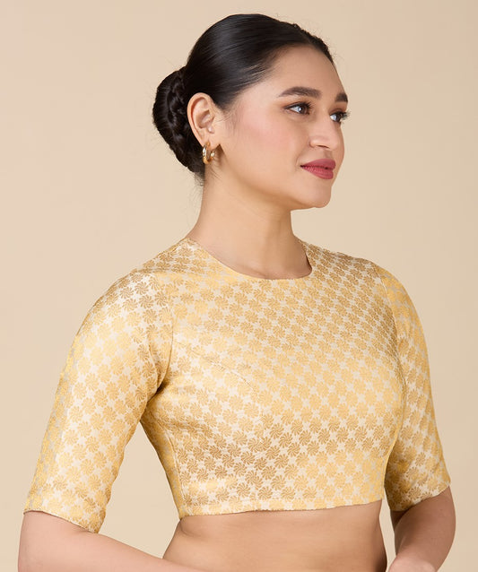Women's Cream Benaras Brocade Jewel Neck Readymade Saree Blouse (Design 2927)