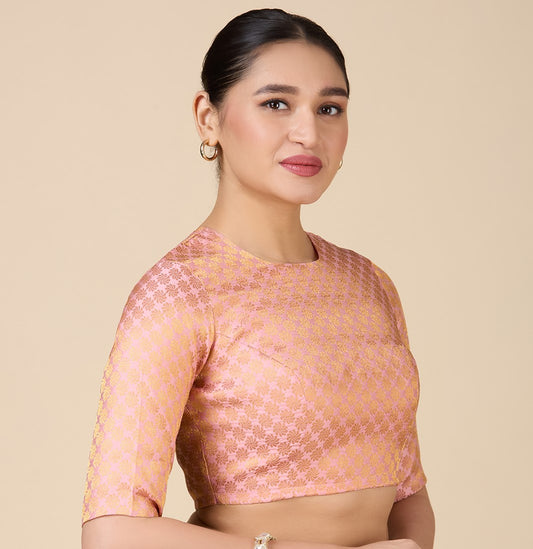 Women's Light Pink Benaras Brocade Jewel Neck Readymade Saree Blouse (Design 2927)