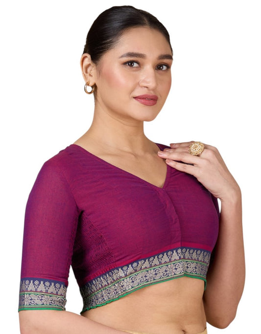 Women's Pink Handloom Cotton Stretchable (Smocked) Saree Blouse (Design 2928)