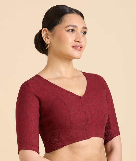 Women's Maroon Madras Handloom Cotton Side Stretchable (Smocked) Readymade Saree (Design 2929)