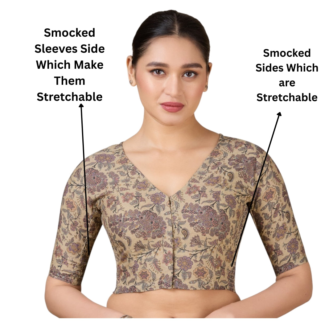 Women's Multicolor Cotton Poplin Printed Side Stretch (Smocked) Readymade Saree Blouse (Design 2932)